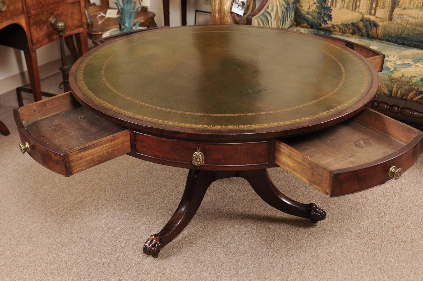 19th Century English Regency Style Rent Table with Green Leather Top & Paw Feet For Sale 1