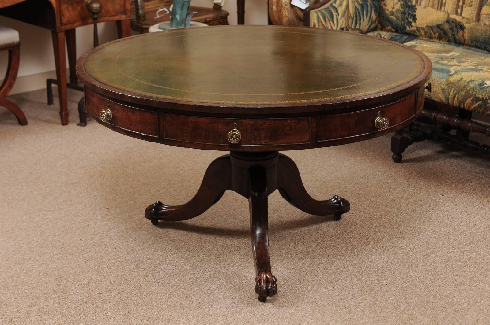 19th Century English Regency Style Rent Table with Green Leather Top & Paw Feet For Sale 3