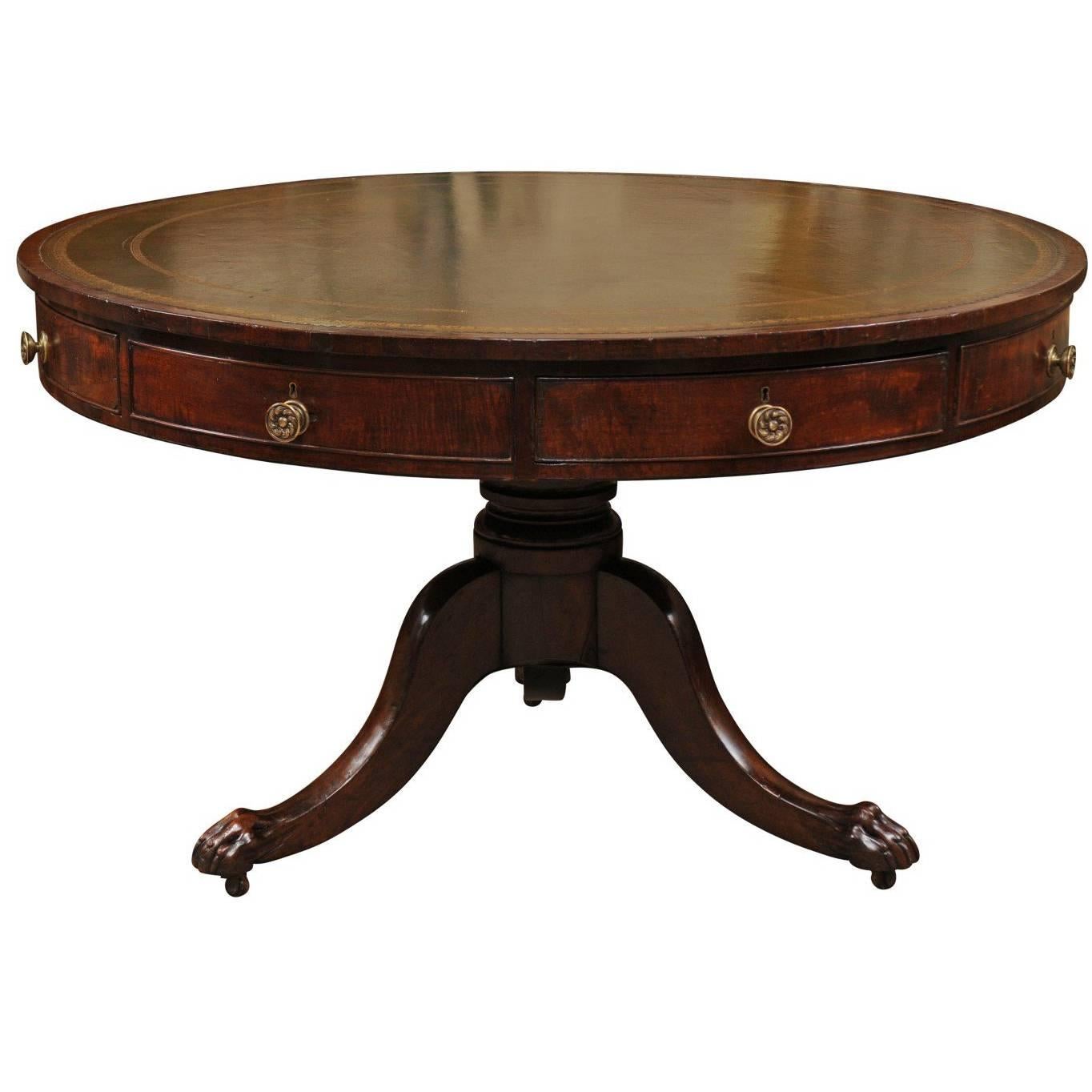 19th Century English Regency Style Rent Table with Green Leather Top & Paw Feet