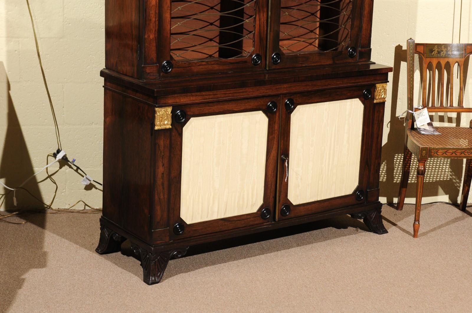19th Century English Regency Style Rosewood Bookcase/Cabinet with Gilt Accents For Sale 7