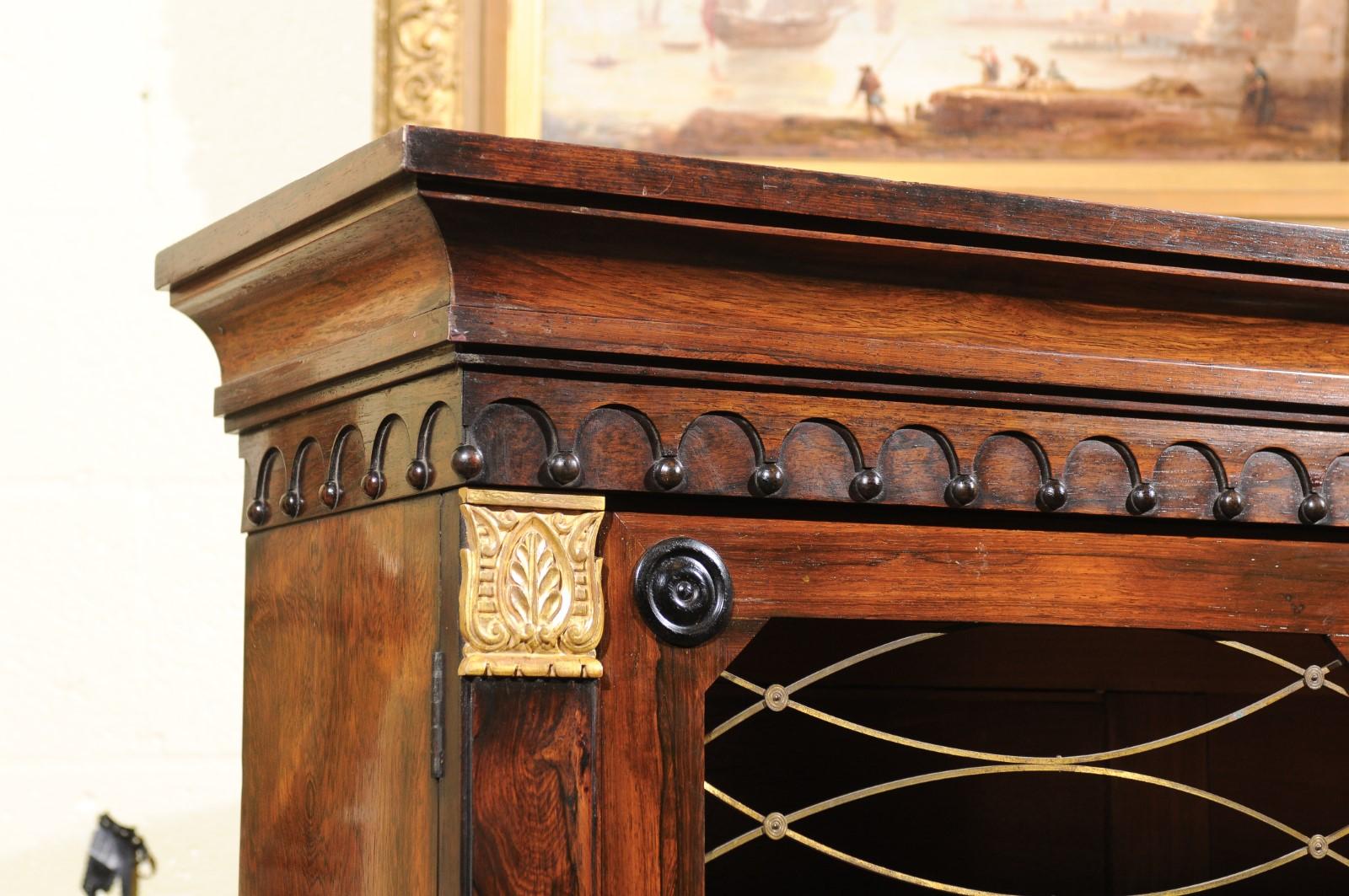19th Century English Regency Style Rosewood Bookcase/Cabinet with Gilt Accents For Sale 8
