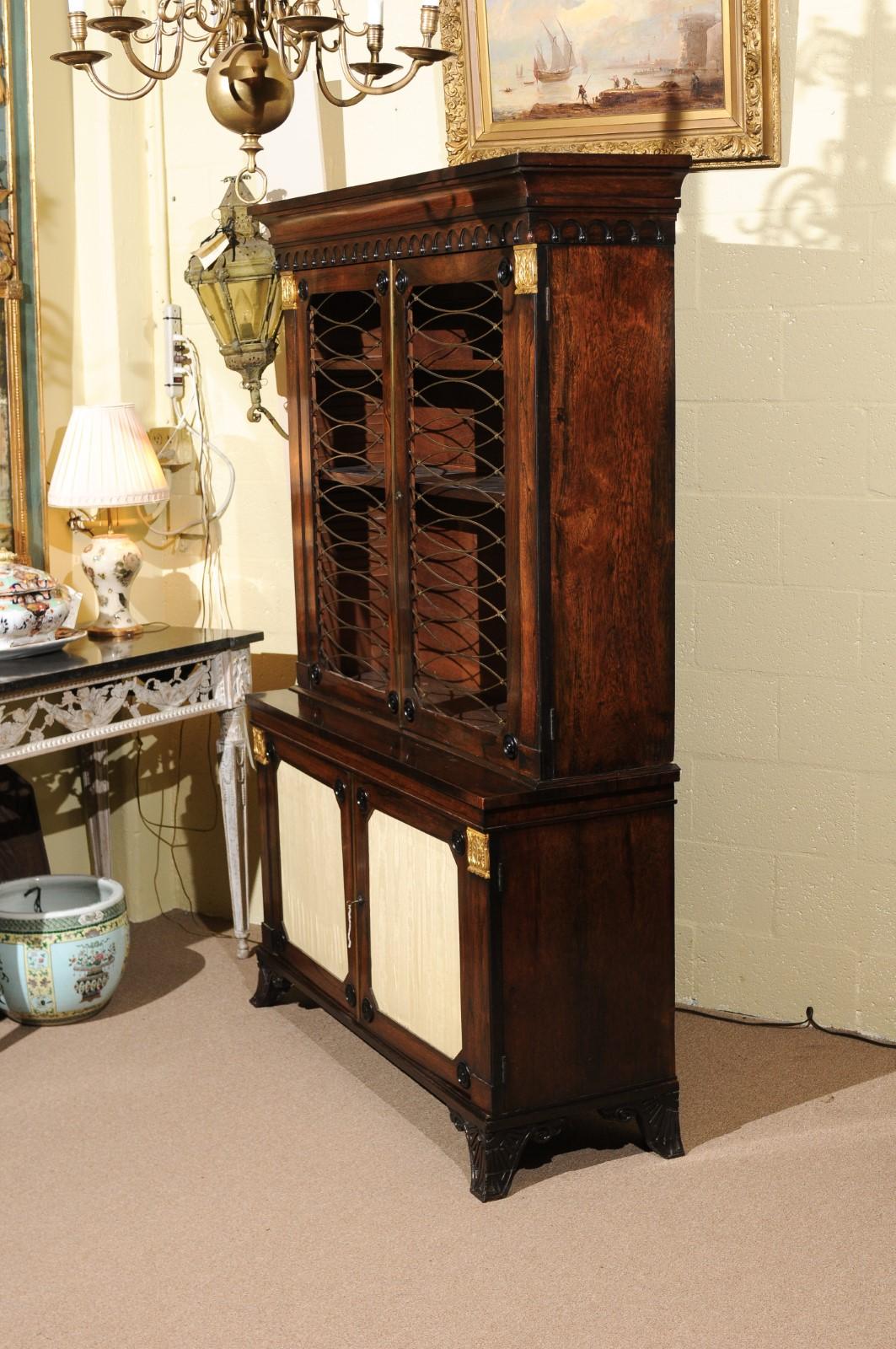 19th Century English Regency Style Rosewood Bookcase/Cabinet with Gilt Accents For Sale 11