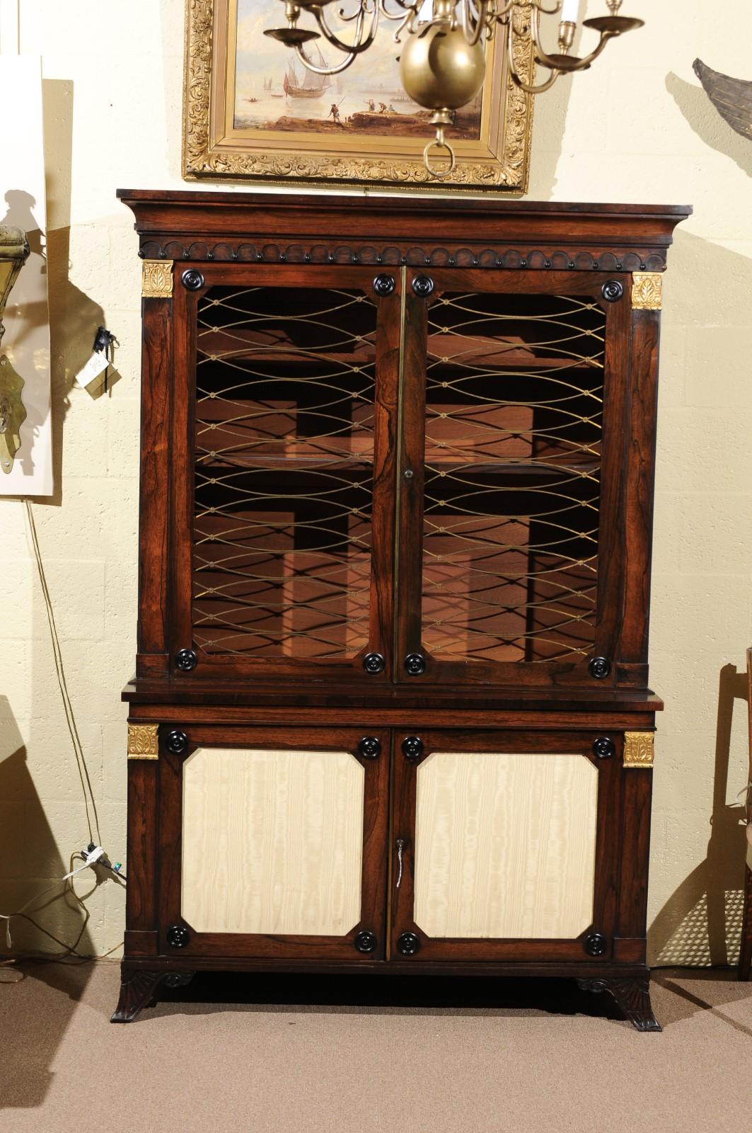 19th Century English Regency Style Rosewood Bookcase/Cabinet with Gilt Accents For Sale 13