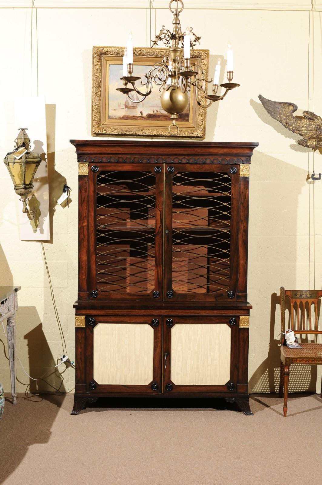 19th Century English Regency Style Rosewood Bookcase/Cabinet with Gilt Accents For Sale 14