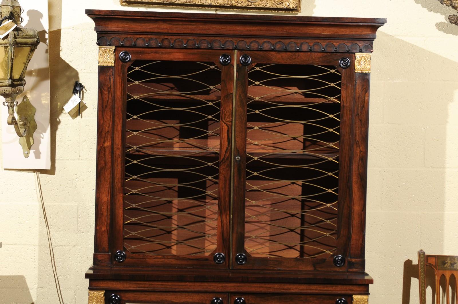 19th Century English Regency Style Rosewood Bookcase/Cabinet with Gilt Accents For Sale 15