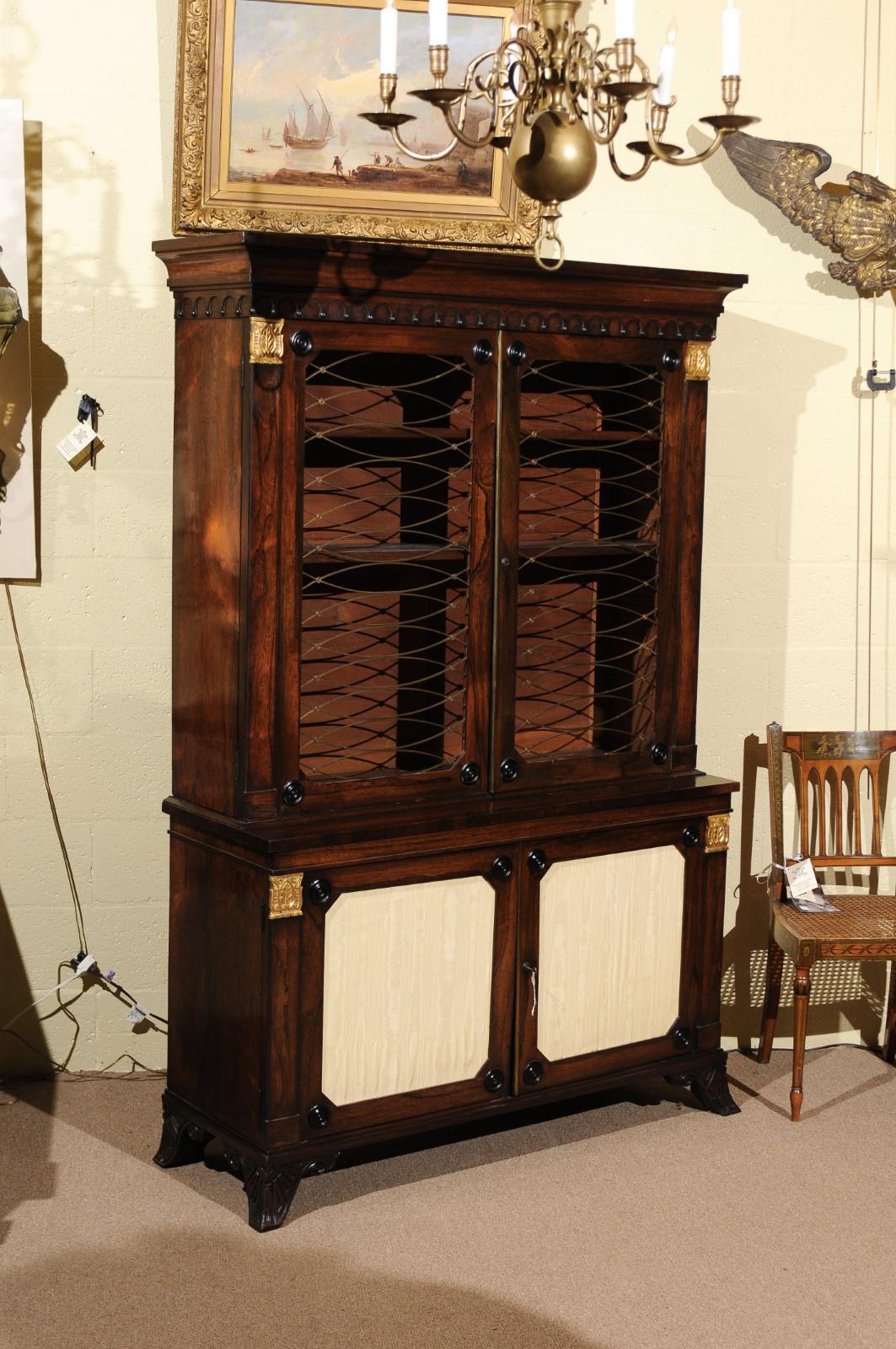 19th Century English Regency Style Rosewood Bookcase/Cabinet with Gilt Accents For Sale 6