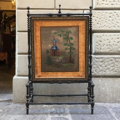 19th Century English Regency Style Screen in Ebonized Wood with Pearl Embroidery