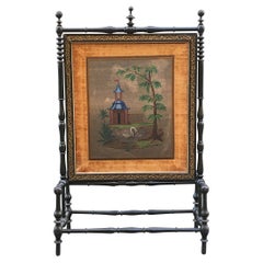 19th Century English Regency Style Screen in Ebonized Wood with Pearl Embroidery