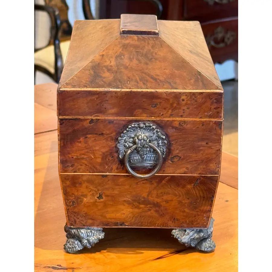 A large English tea caddy. It is mahogany with brass feet.