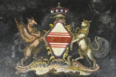 19th Century English Regency Tole Metal Toleware Hand Painted Tray Crown Shield