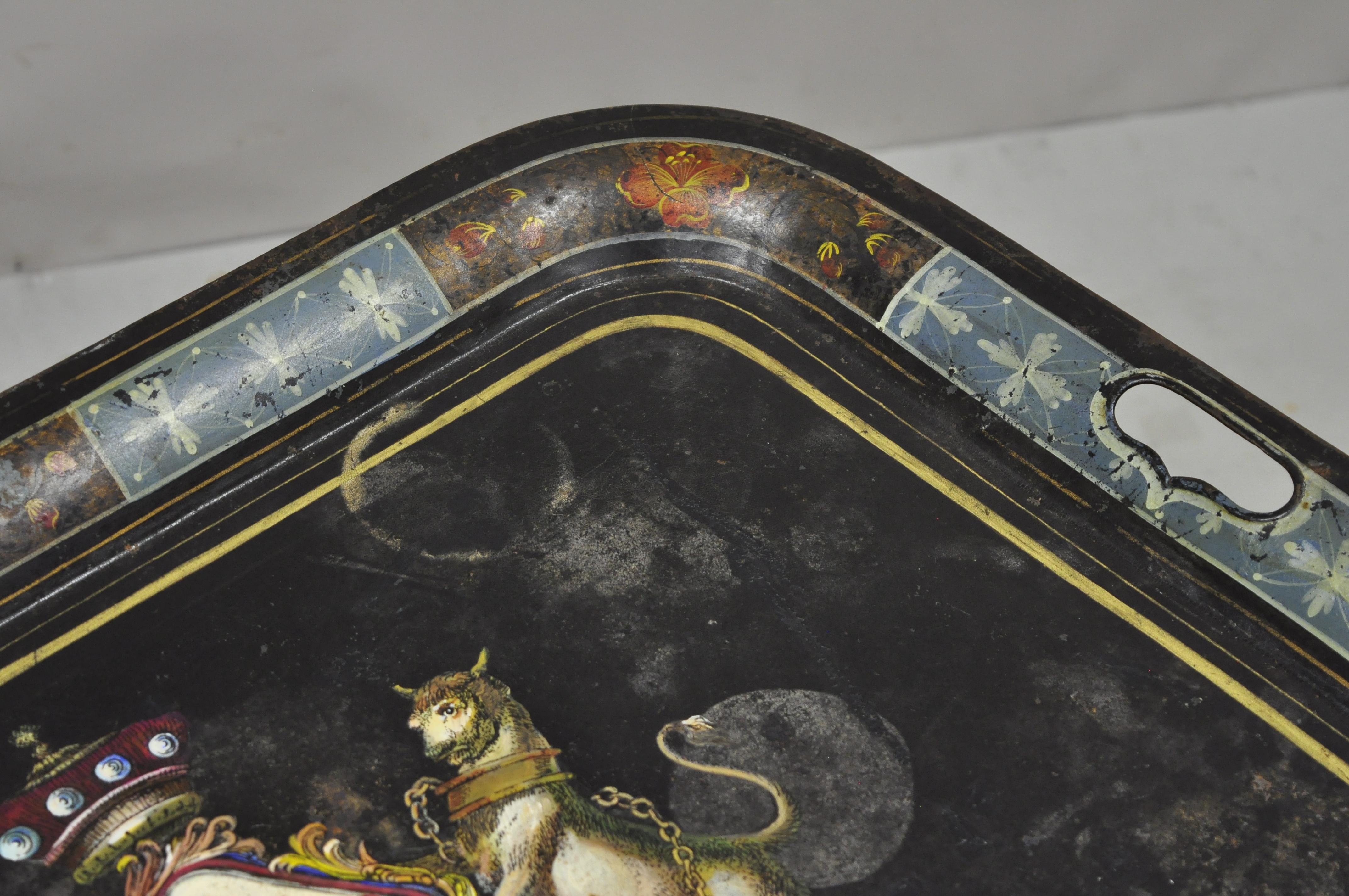 19th Century English Regency Tole Metal Toleware Hand Painted Tray Crown Shield For Sale 1