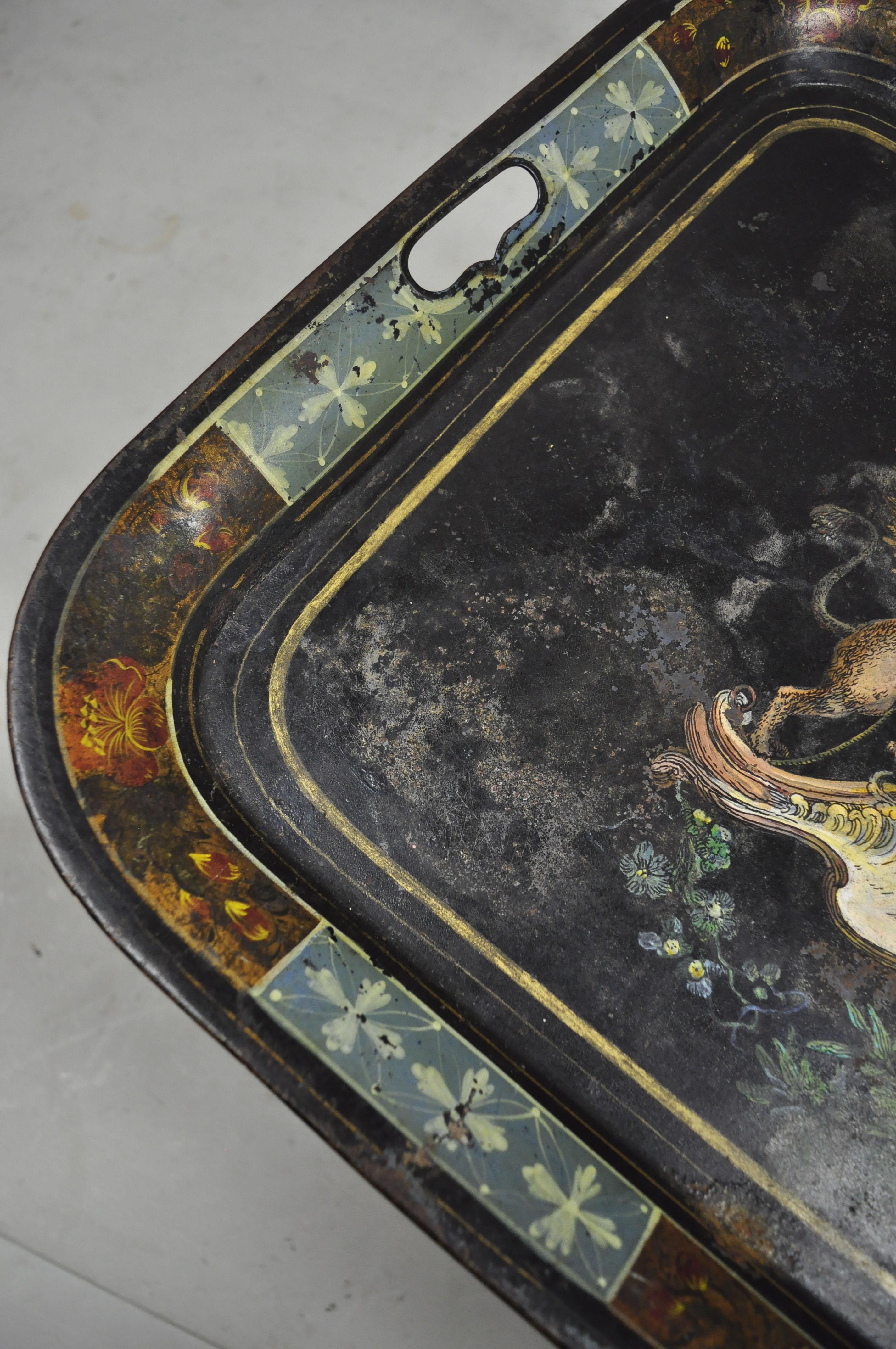 19th Century English Regency Tole Metal Toleware Hand Painted Tray Crown Shield For Sale 3