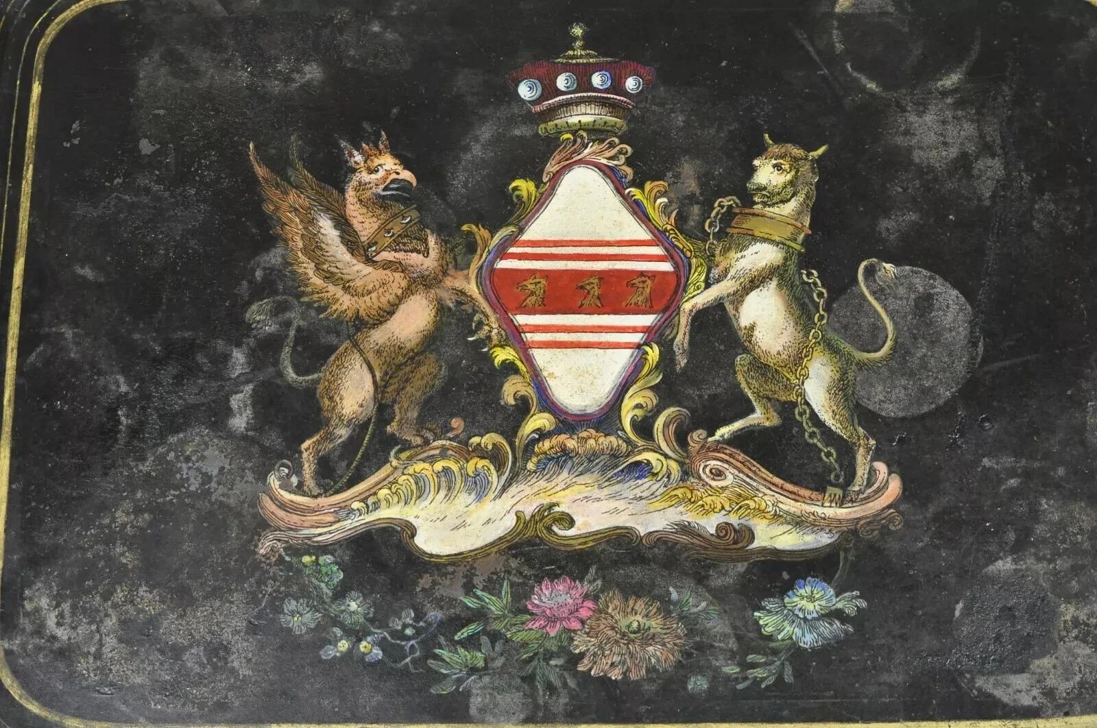 Englischer Regency-Schildkrötenschild aus Zinn und Metall, handbemaltes Tablett, 19. Jahrhundert im Angebot 4