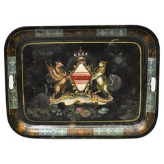 Englisches Regency-Tablett aus Metall und Zinn, 19. Jahrhundert, handbemalt, Kronenschild