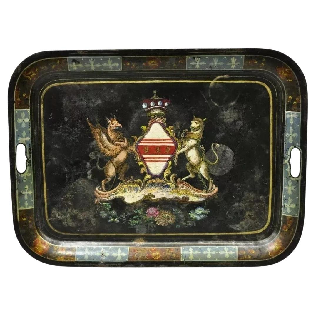 19th Century English Regency Tole Metal Toleware Hand Painted Tray Crown Shield