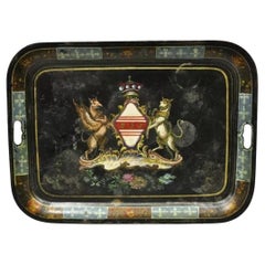 19th Century English Regency Tole Metal Toleware Hand Painted Tray Crown Shield