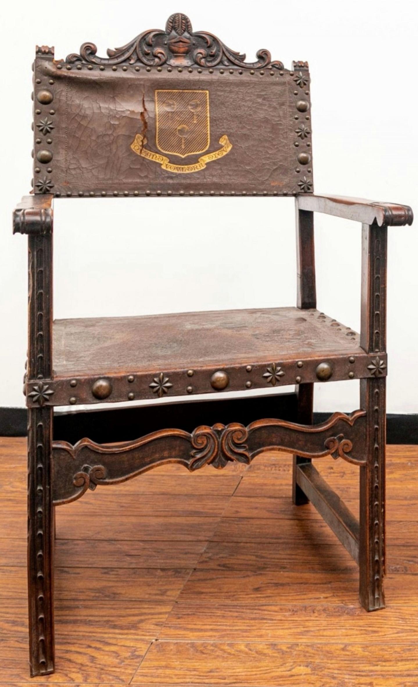 19th Century English Renaissance Leather Carved Wood Hall Chair Pair For Sale 2