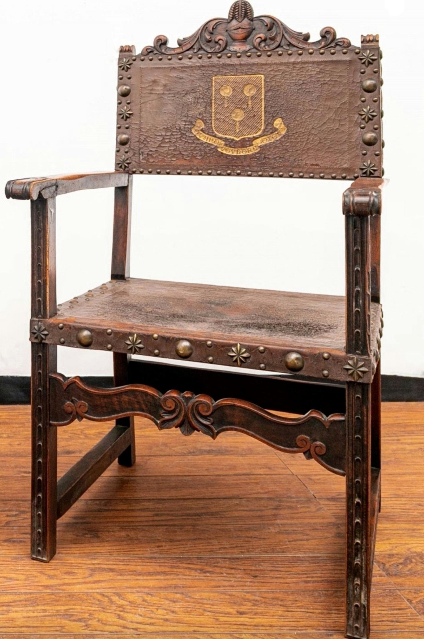 19th Century English Renaissance Leather Carved Wood Hall Chair Pair For Sale 3