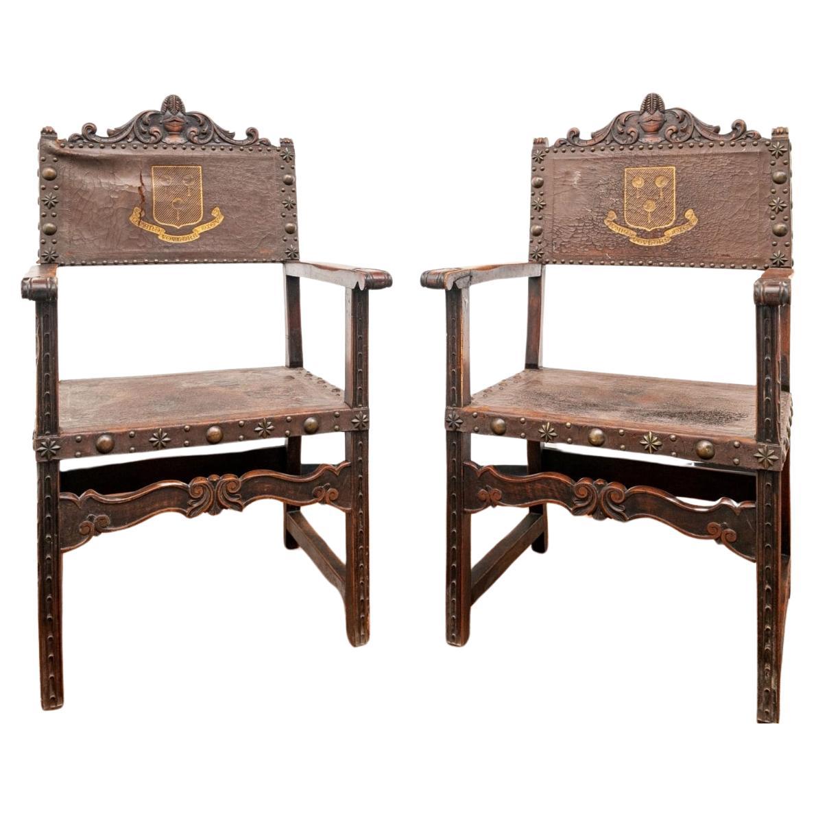 19th Century English Renaissance Leather Carved Wood Hall Chair Pair For Sale