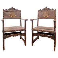 Antique 19th Century English Renaissance Leather Carved Wood Hall Chair Pair