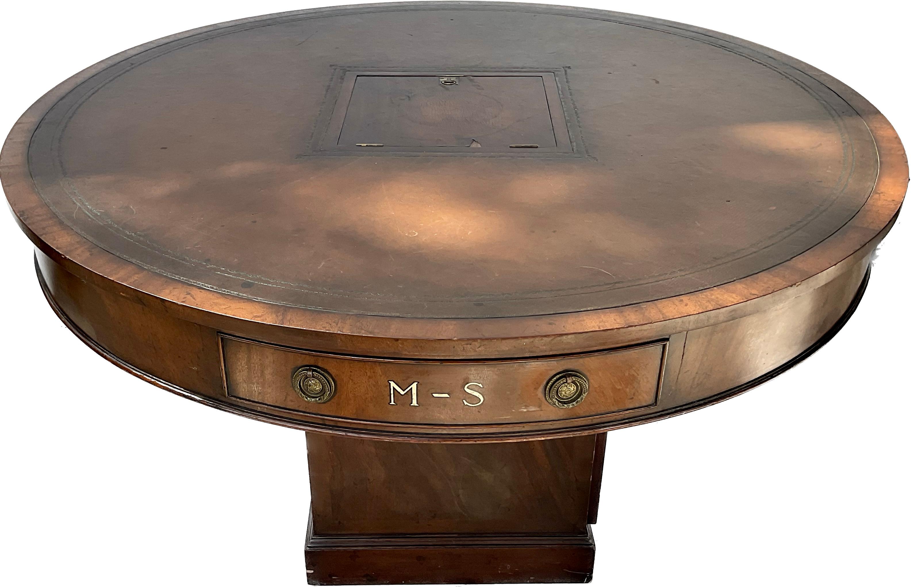 George III 19th Century English Revolving Rent Drum Table Leather Top