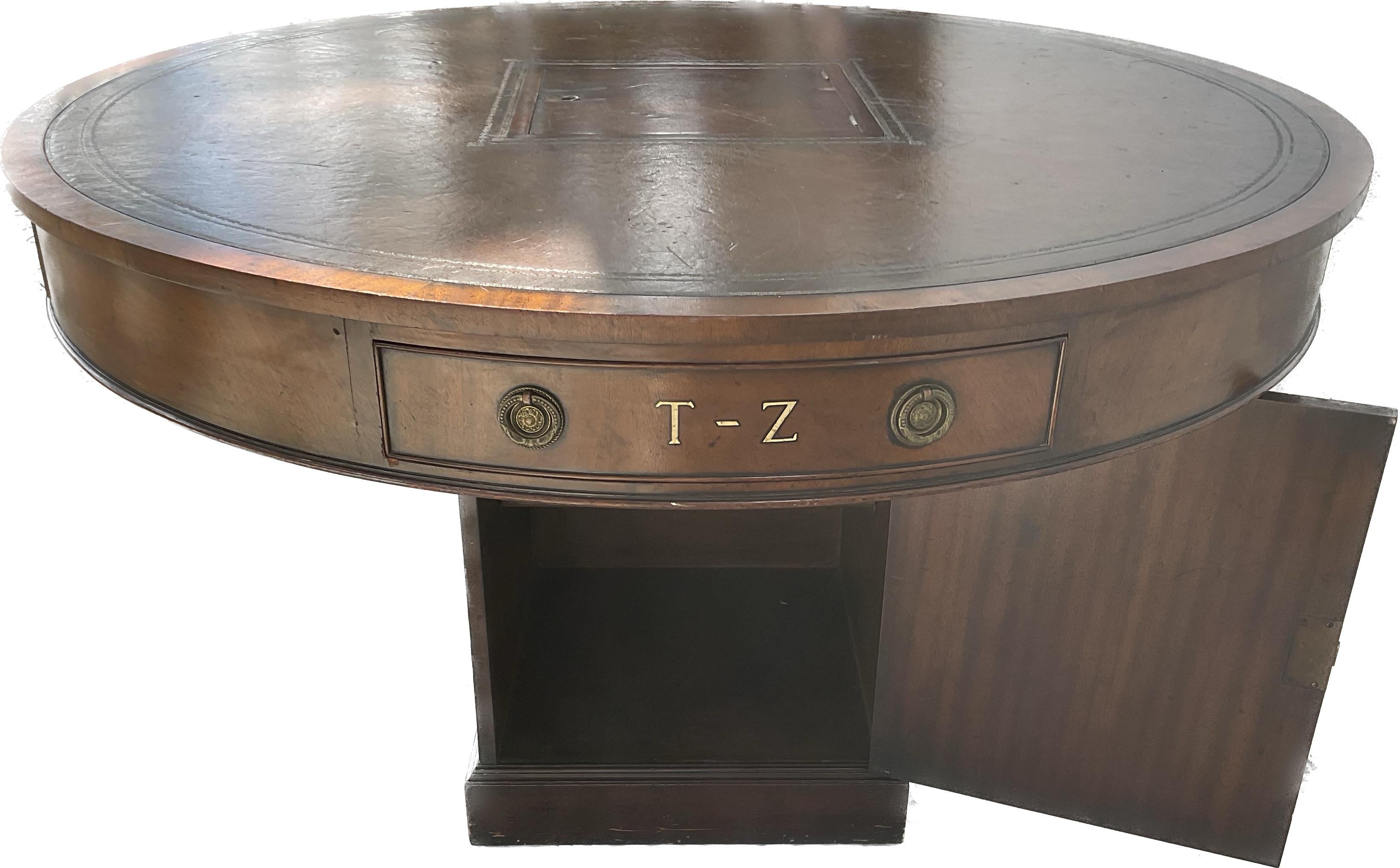 Wood 19th Century English Revolving Rent Drum Table Leather Top
