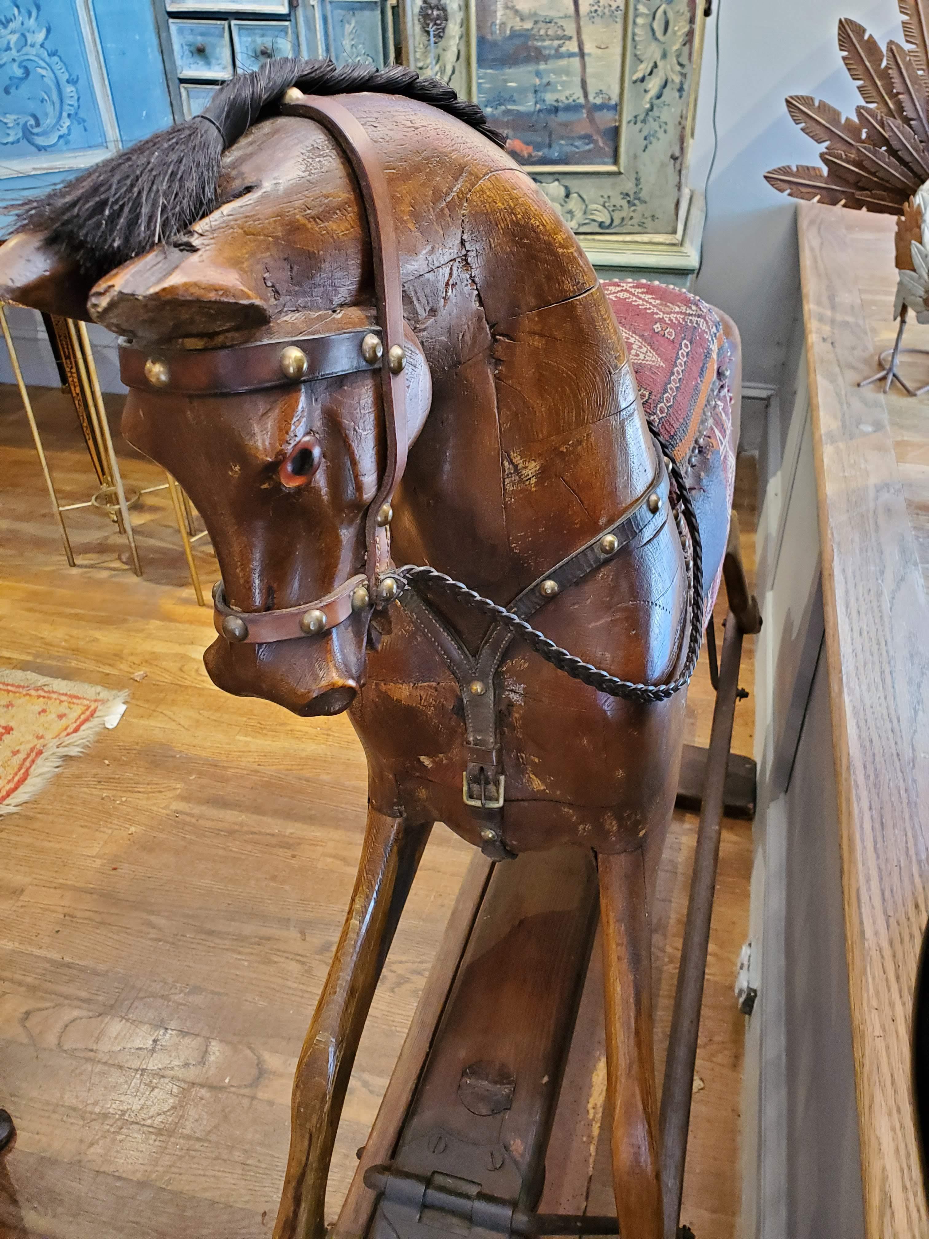 Beech 19th Century English Rocking Horse with Upholstered Saddle