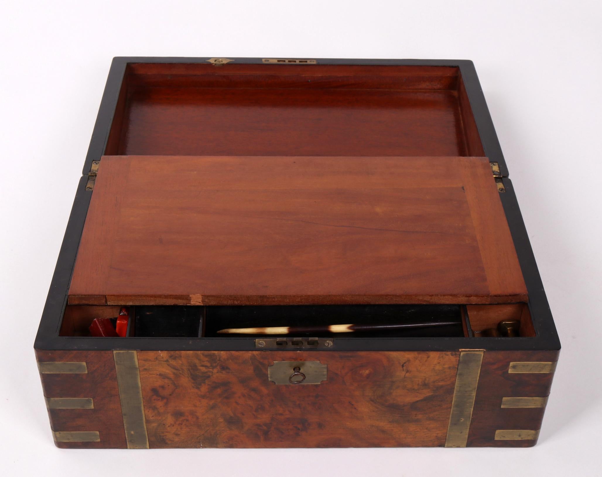 English Rootwood Office Box with Brass Fittings and Leather Interior 3