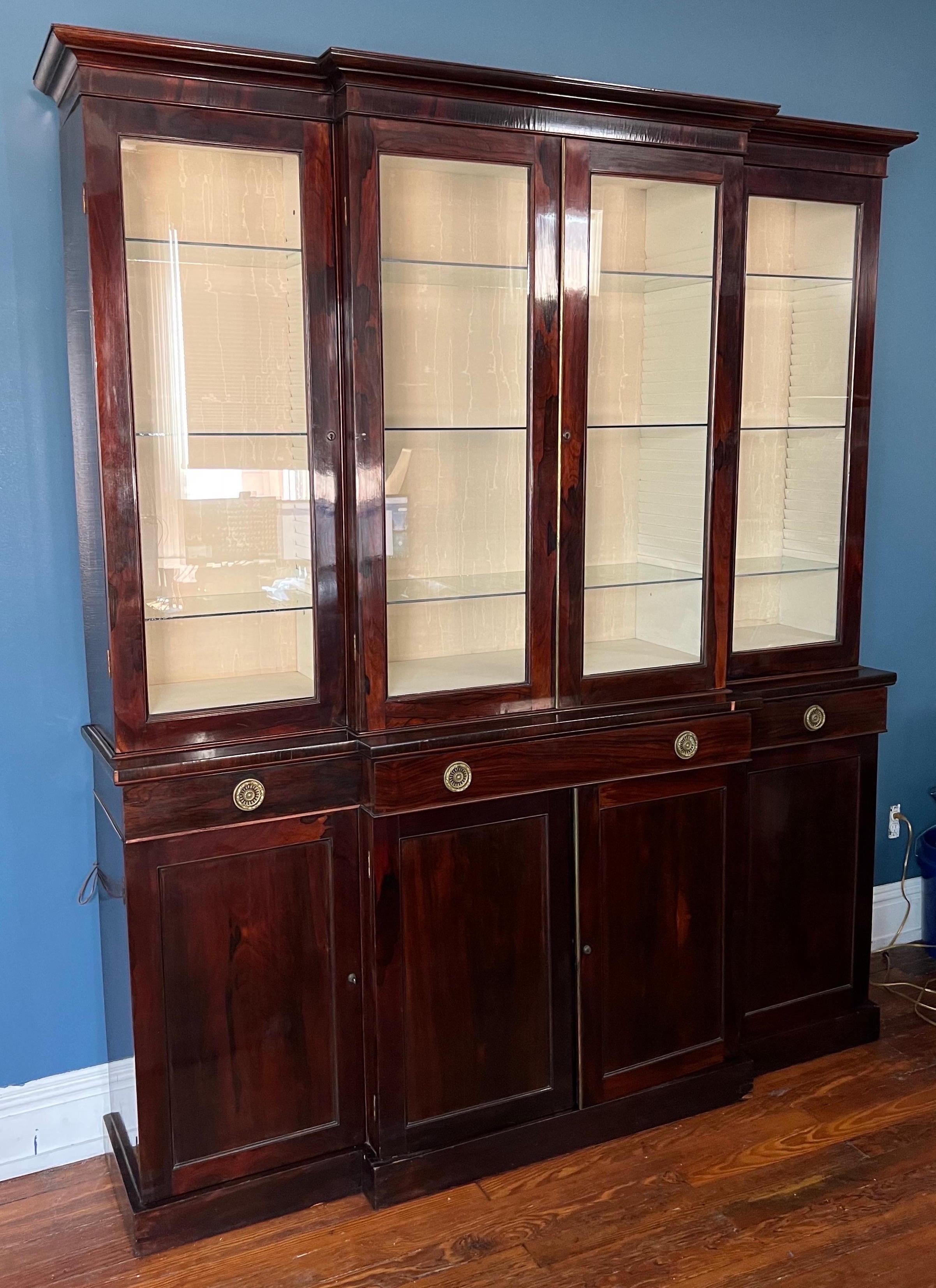 Regency 19th Century English Rosewood Breakfront Bookcase with Hidden Drawers For Sale