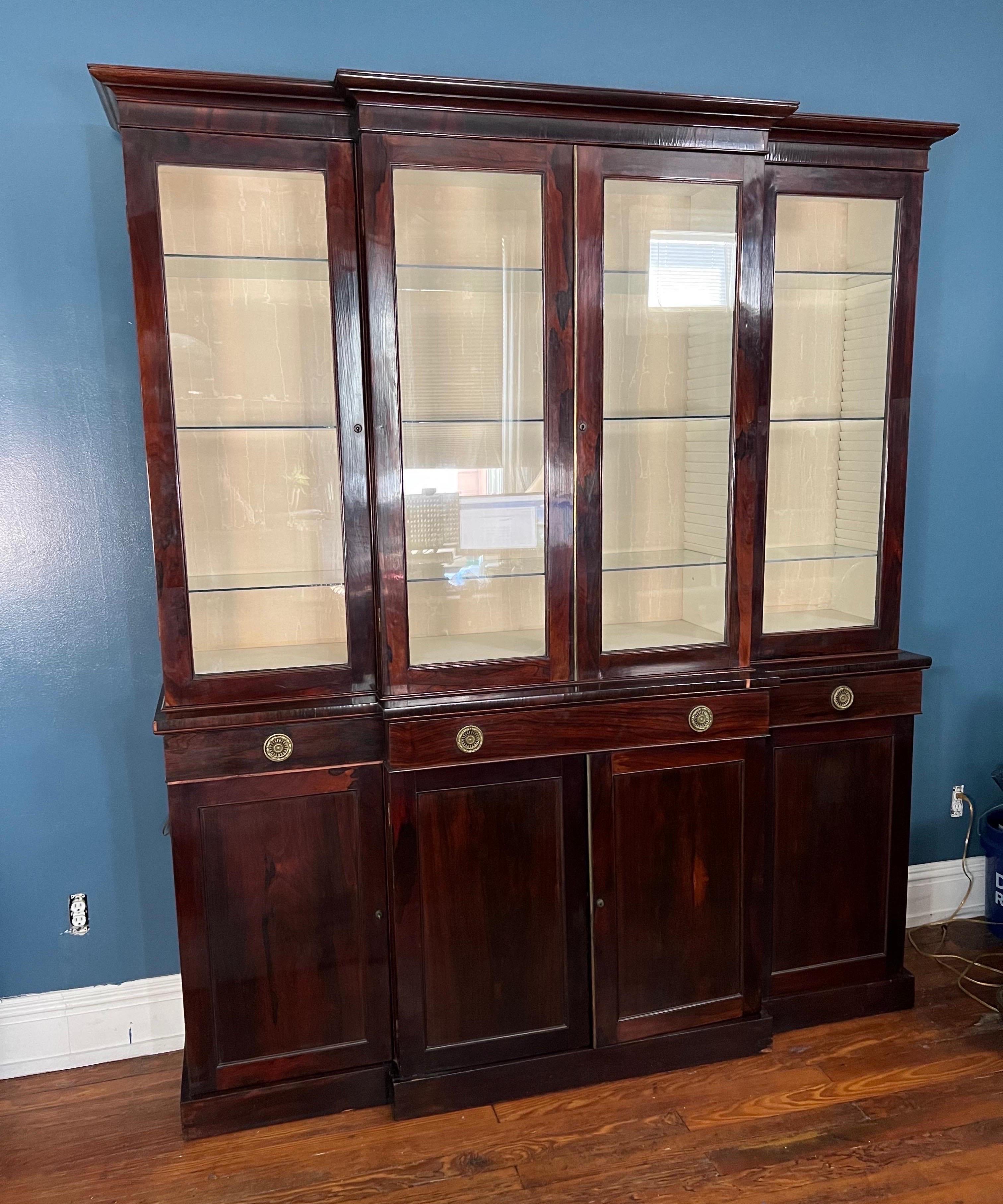 19th Century English Rosewood Breakfront Bookcase with Hidden Drawers In Good Condition For Sale In Charleston, SC