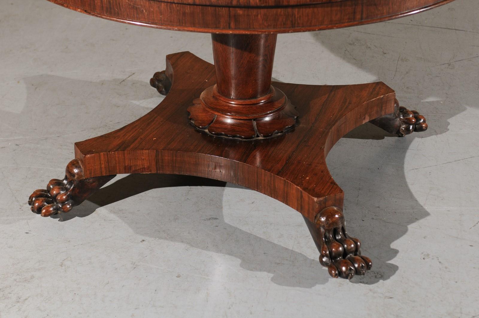 19th Century English Rosewood Center Table with Pedestal Base & Paw Feet 7