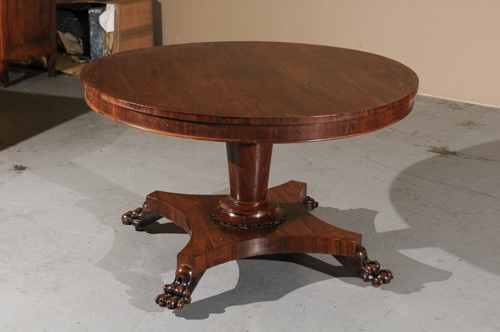 19th Century English Rosewood Center Table with Pedestal Base & Paw Feet 8