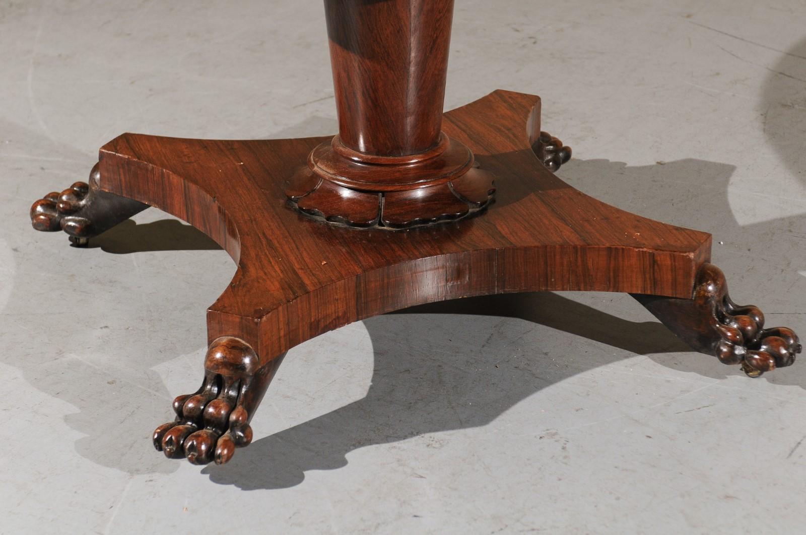 19th Century English Rosewood Center Table with Pedestal Base & Paw Feet 9