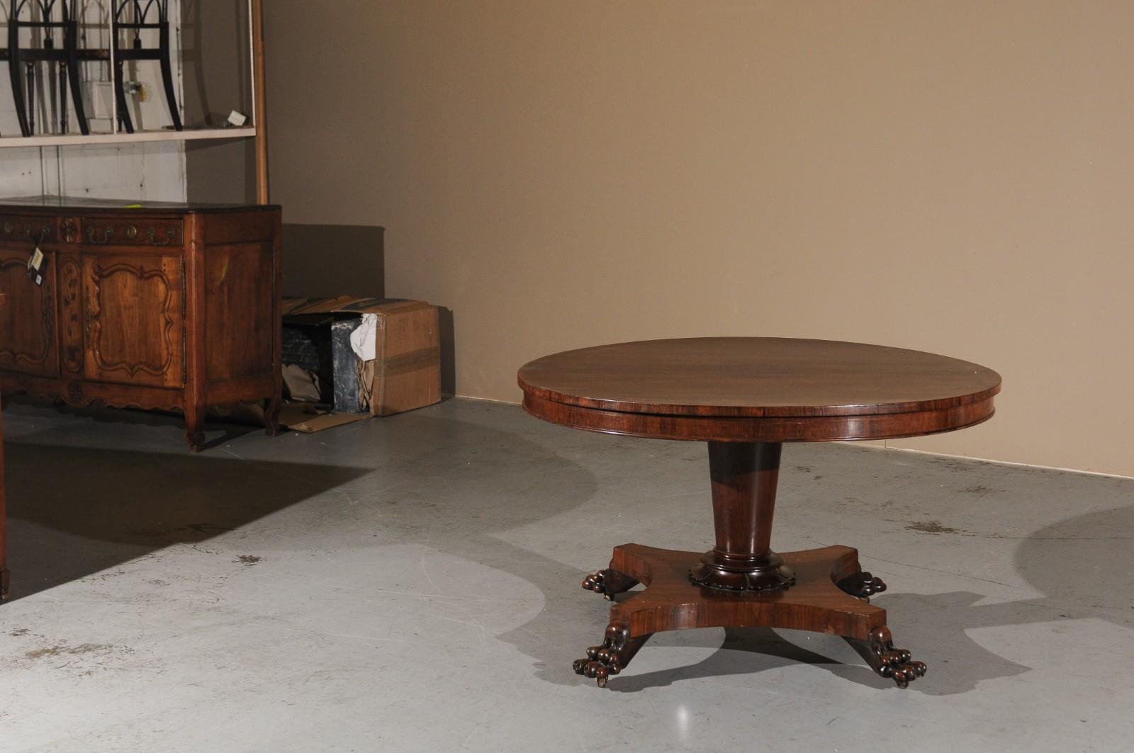 19th Century English Rosewood Center Table with Pedestal Base & Paw Feet In Good Condition In Atlanta, GA