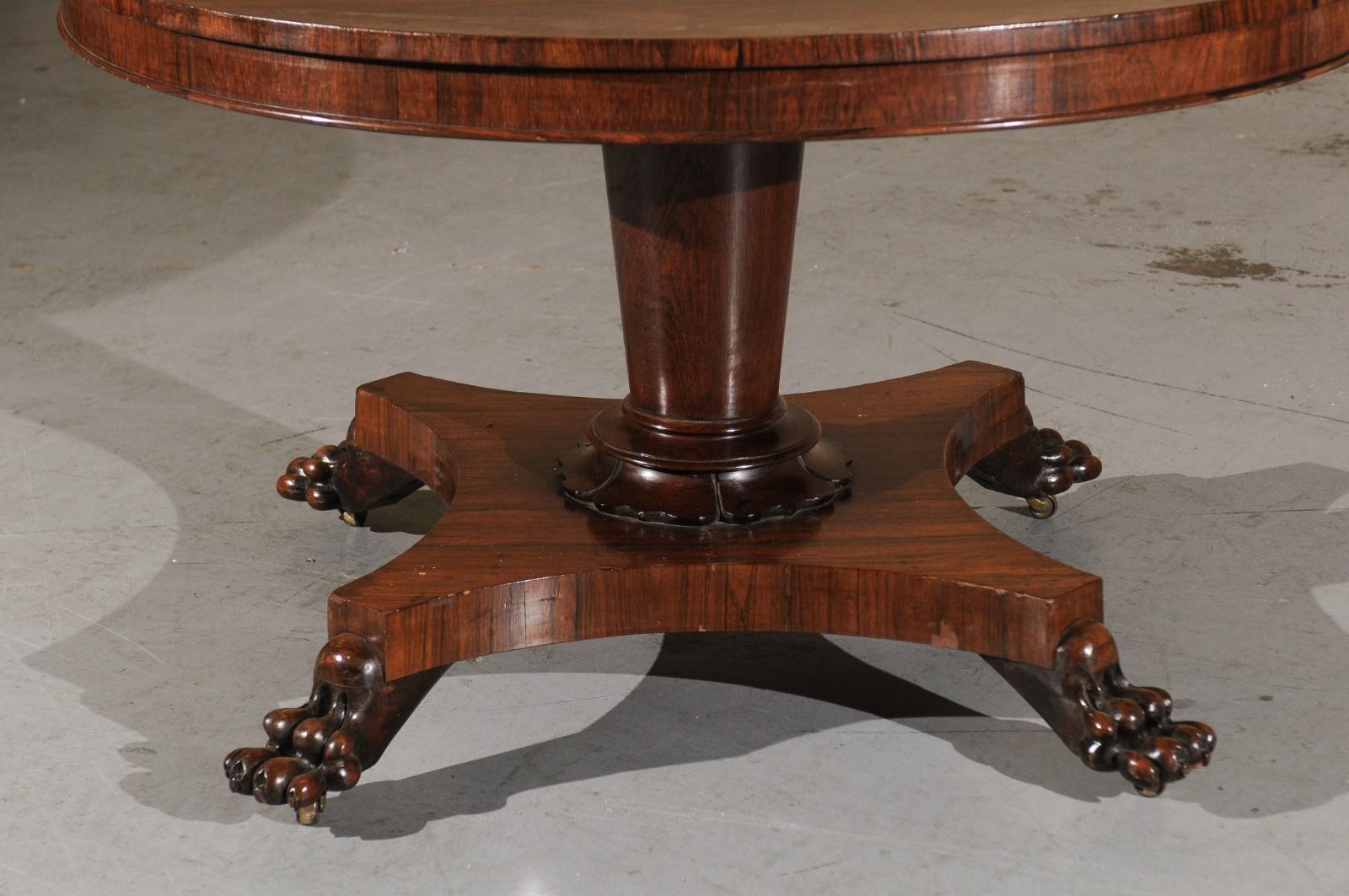 19th Century English Rosewood Center Table with Pedestal Base & Paw Feet 1