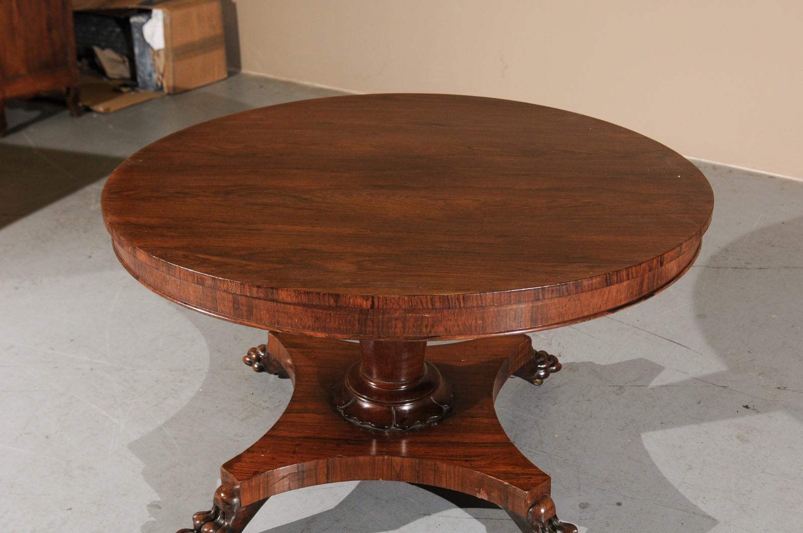 19th Century English Rosewood Center Table with Pedestal Base & Paw Feet 2