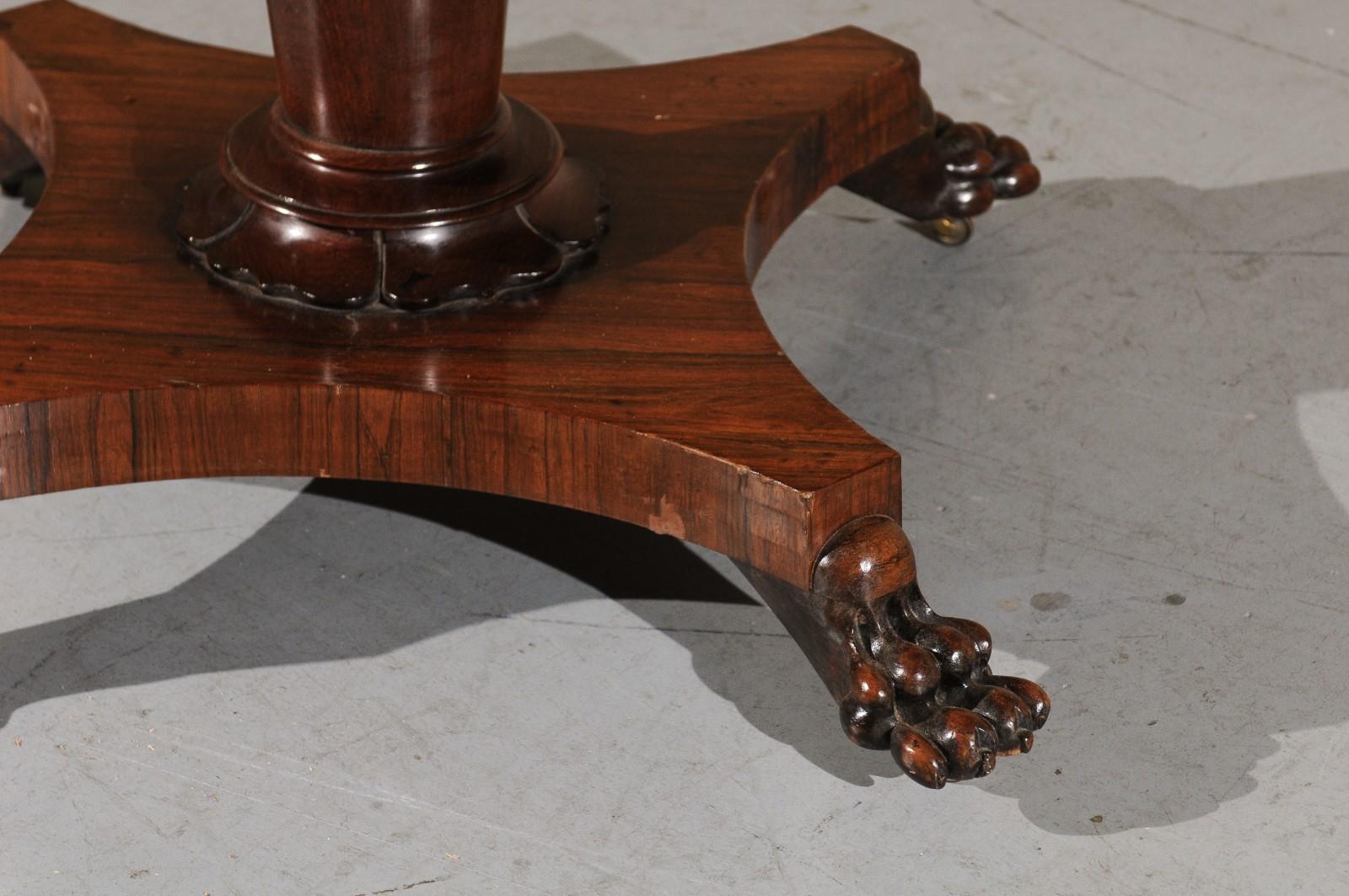 19th Century English Rosewood Center Table with Pedestal Base & Paw Feet 3