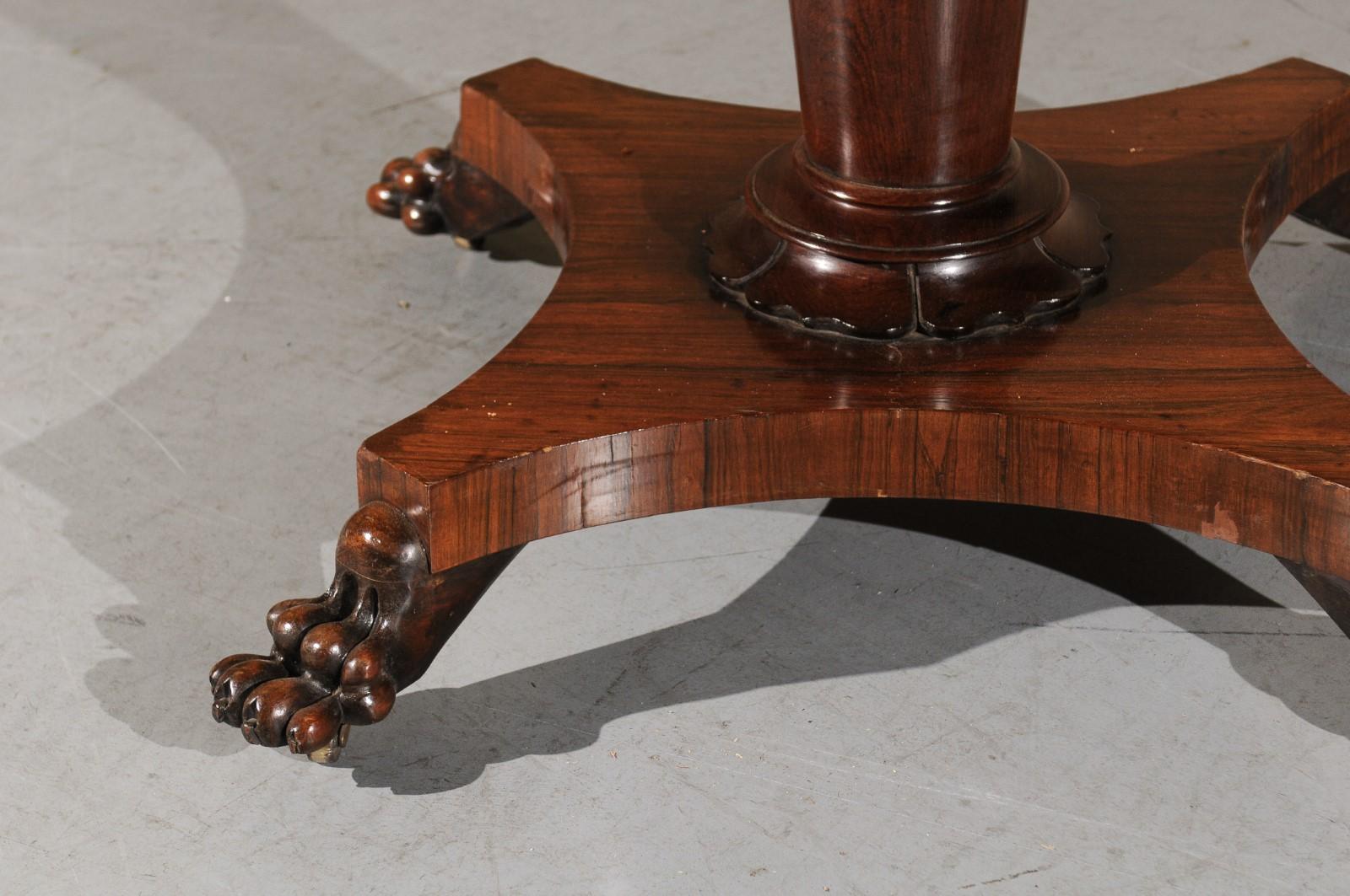 19th Century English Rosewood Center Table with Pedestal Base & Paw Feet 4