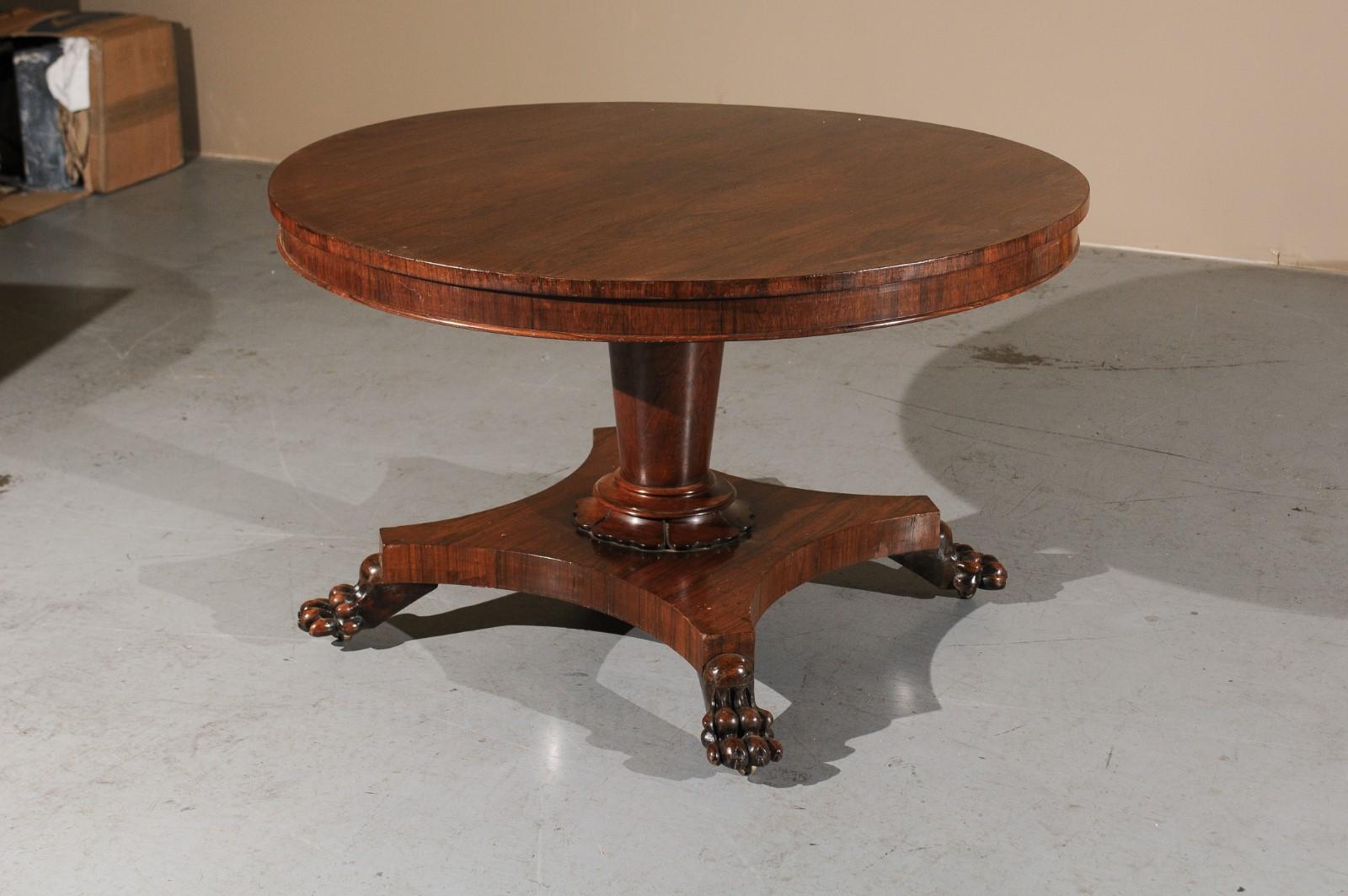 19th Century English Rosewood Center Table with Pedestal Base & Paw Feet 6