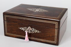 19th Century English Rosewood & Mother of Pearl Pink Satin Interior Jewelry Box