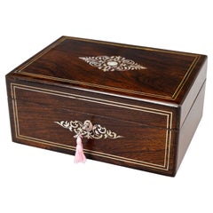19th Century English Rosewood & Mother of Pearl Pink Satin Interior Jewelry Box
