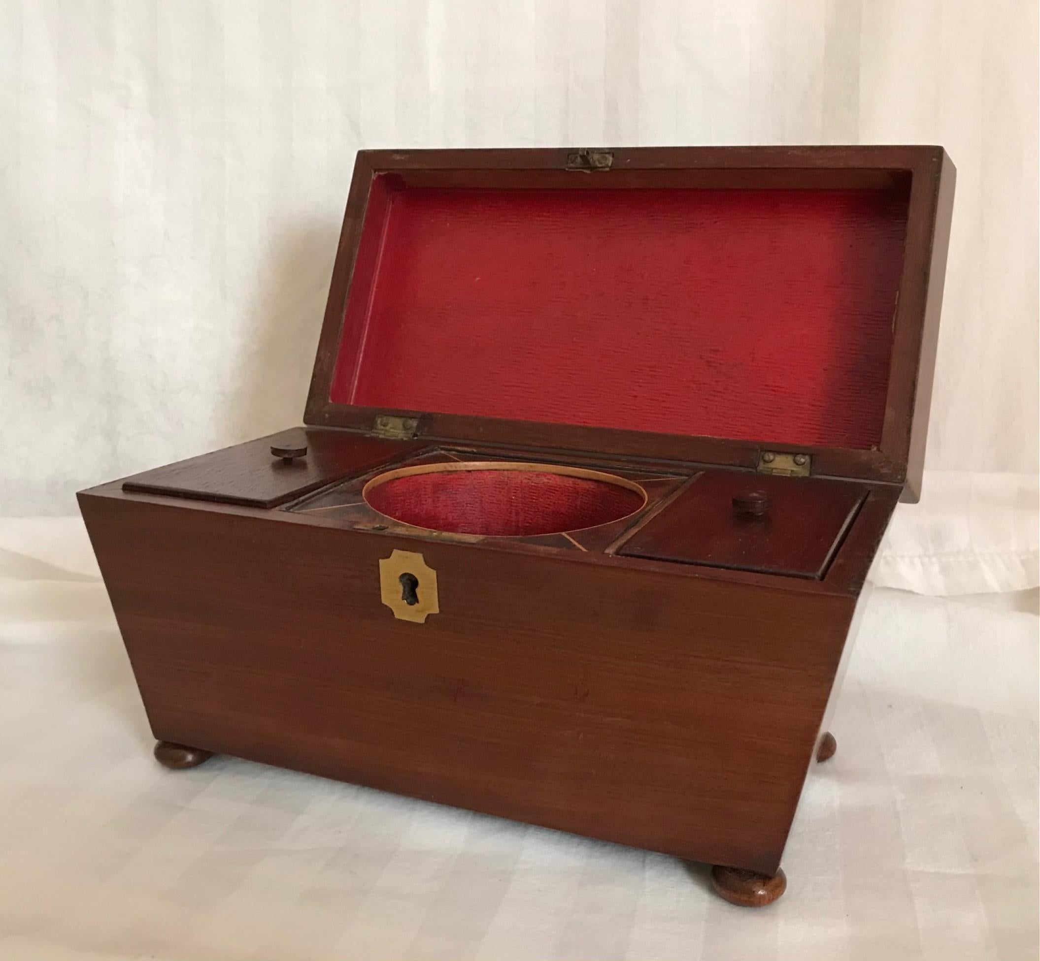 19th century English rosewood tea caddy.

This beautiful rosewood tea caddy has a sarcophagus shaped body and a gentle pyramid shaped lid. The fitted interior is comprised of a well and 2 tea compartments with button knobbed lids. The caddy sits