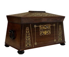 Boîte à thé anglaise du 19ème siècle avec incrustation en bronze