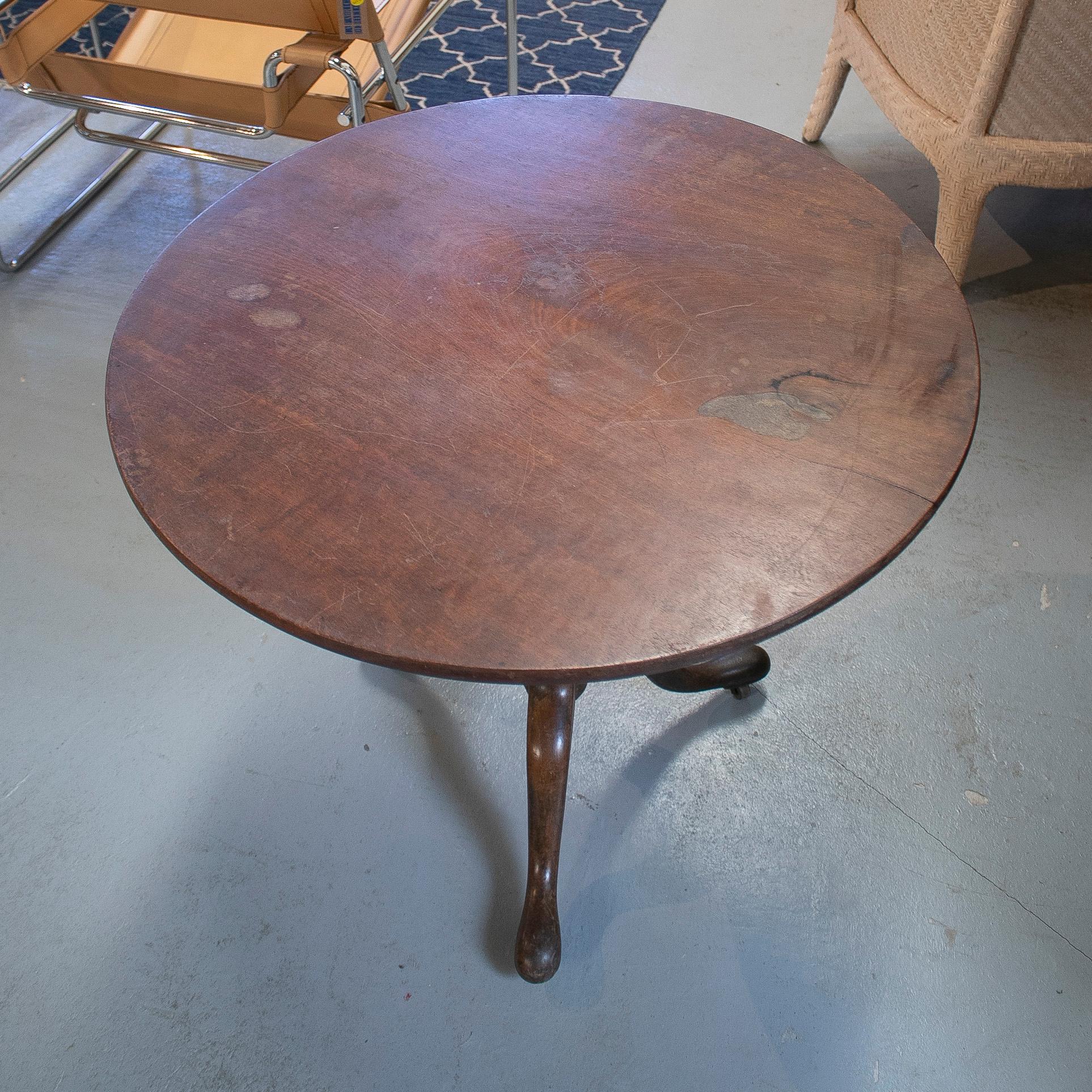 Wood 19th Century English Round Pedestal Table w/ Bronze Wheels