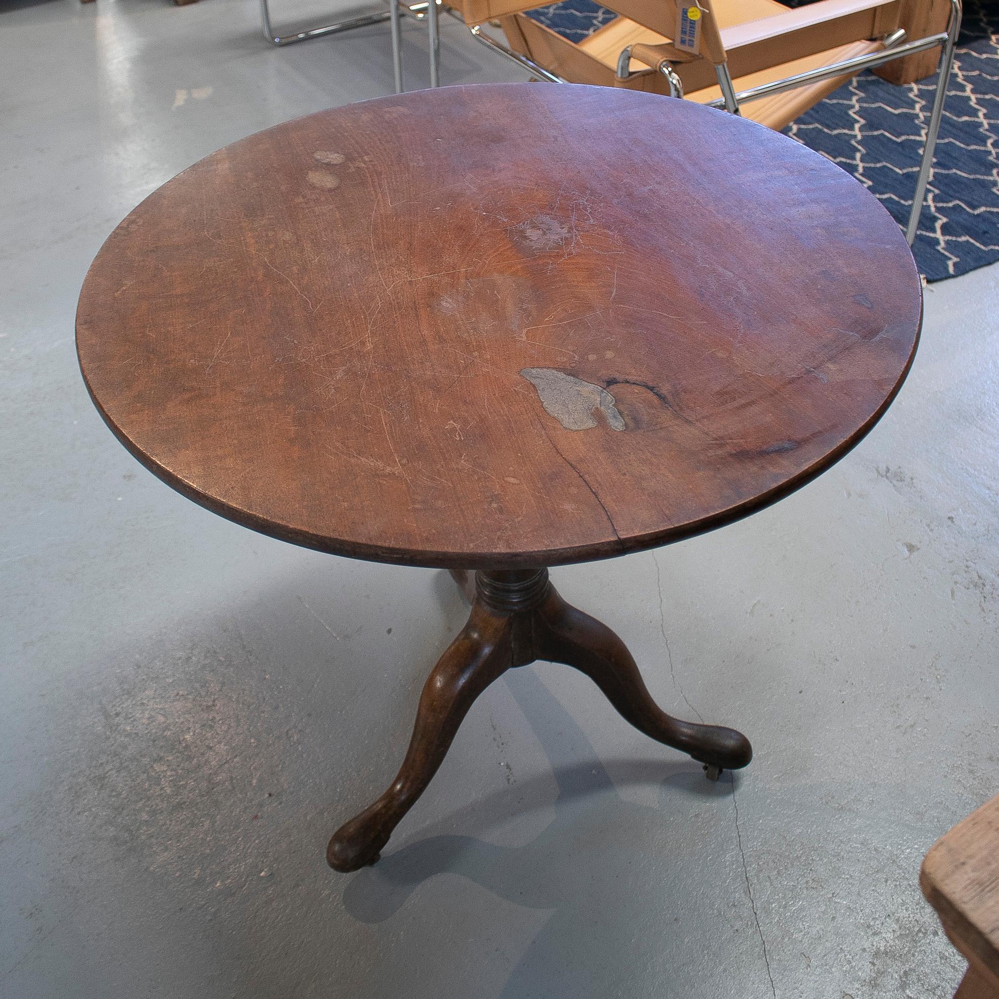 19th Century English Round Pedestal Table w/ Bronze Wheels 1