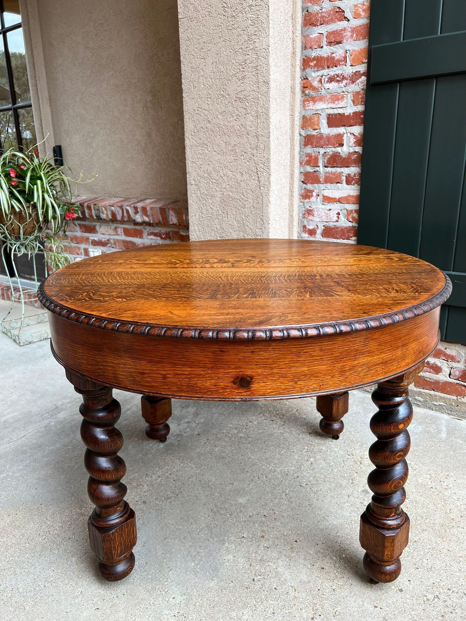 19th Century English Round Dining Center Table Barley Twist Carved Tiger Oak In Good Condition In Shreveport, LA