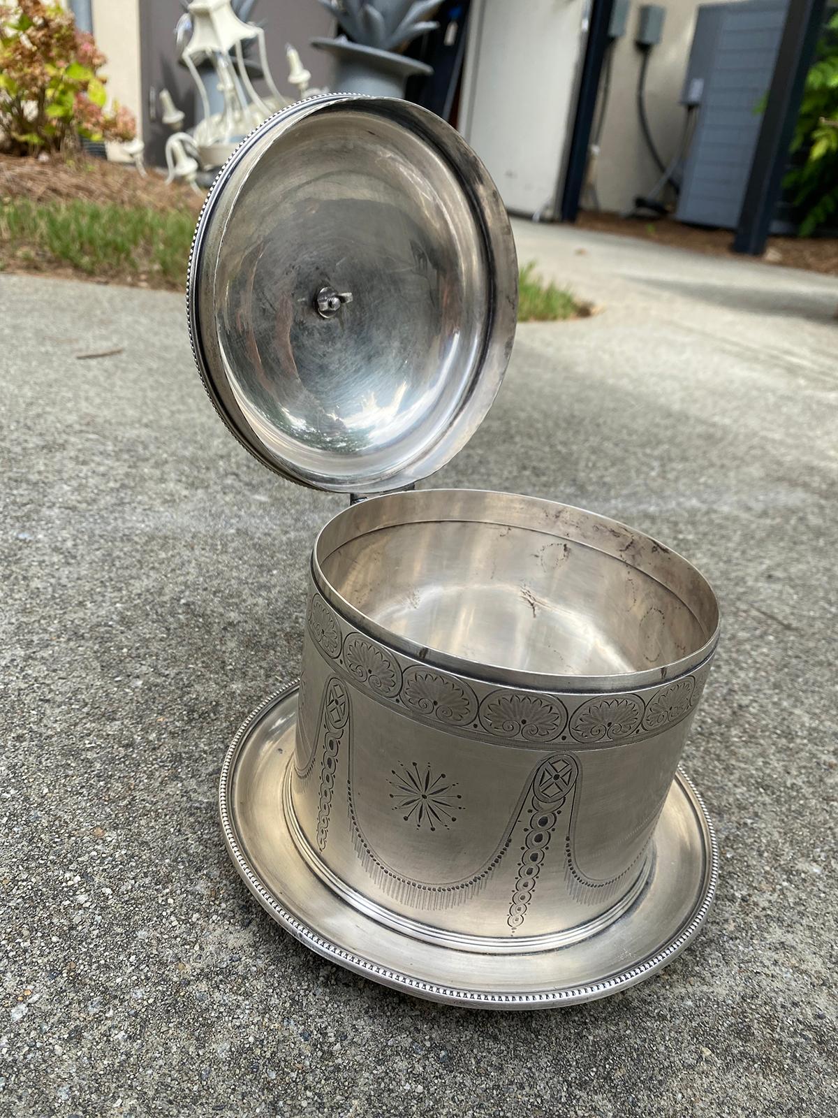 19th Century English Round Silvered Plated Biscuit Box, Artichoke Finial, Marked For Sale 6