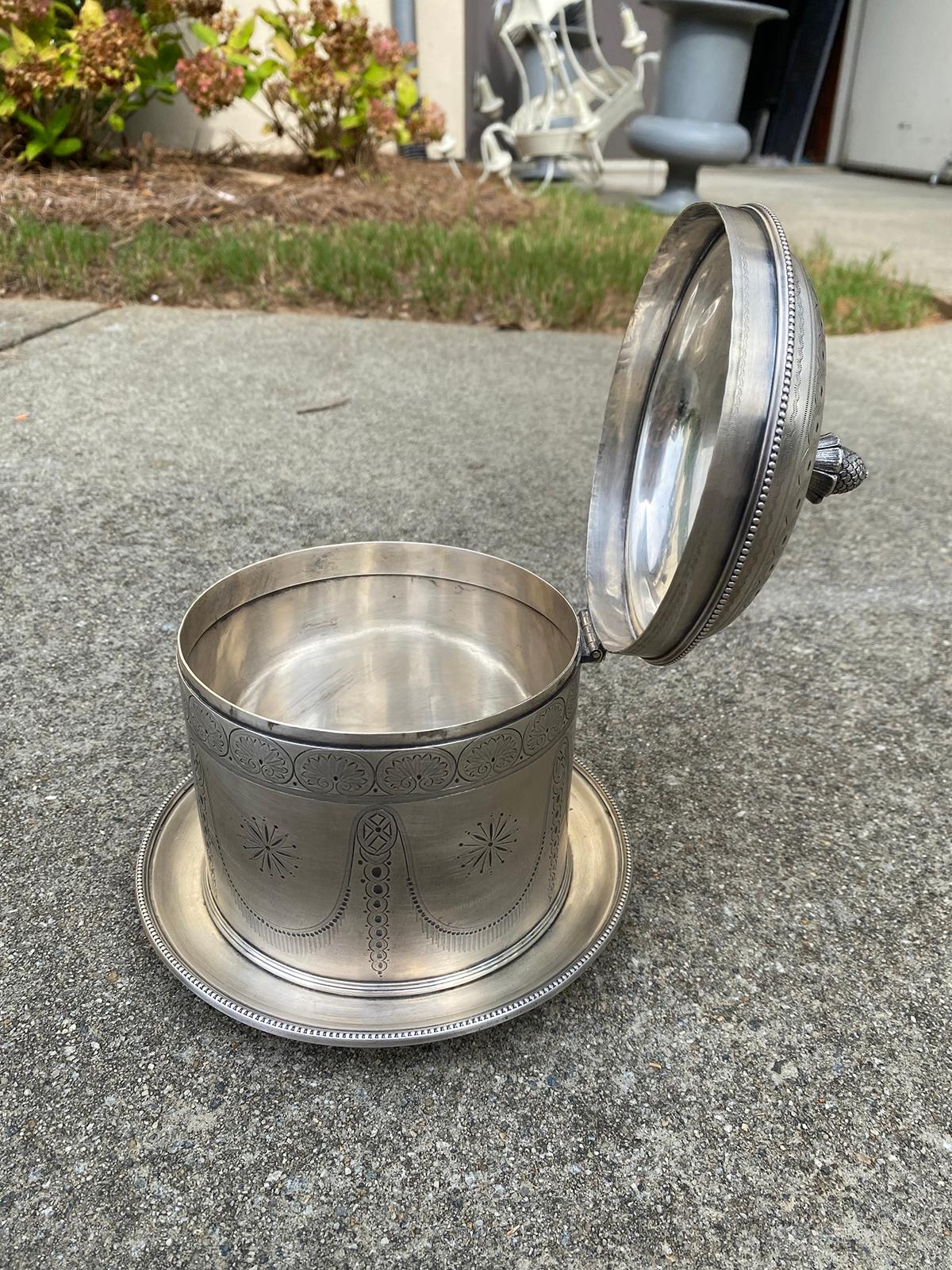 19th Century English Round Silvered Plated Biscuit Box, Artichoke Finial, Marked For Sale 10