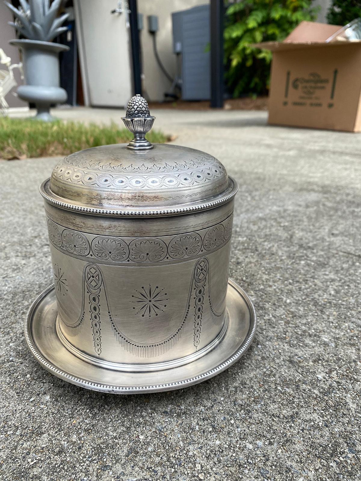 Silver Plate 19th Century English Round Silvered Plated Biscuit Box, Artichoke Finial, Marked For Sale
