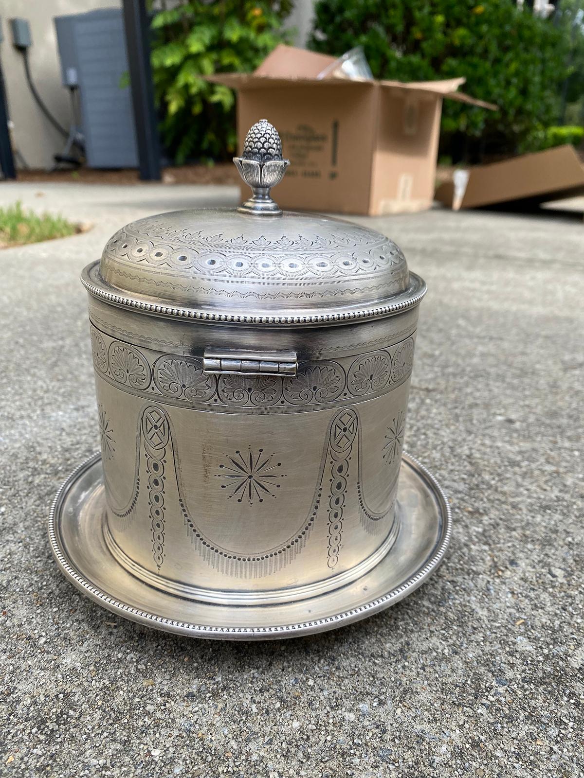 19th Century English Round Silvered Plated Biscuit Box, Artichoke Finial, Marked For Sale 1
